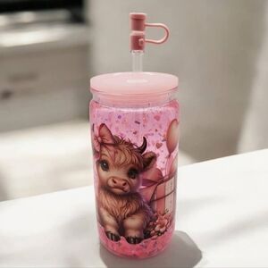 16 oz Pink Highland Cow Tumbler Present Heart Balloon Bows Hearts Slow Flow